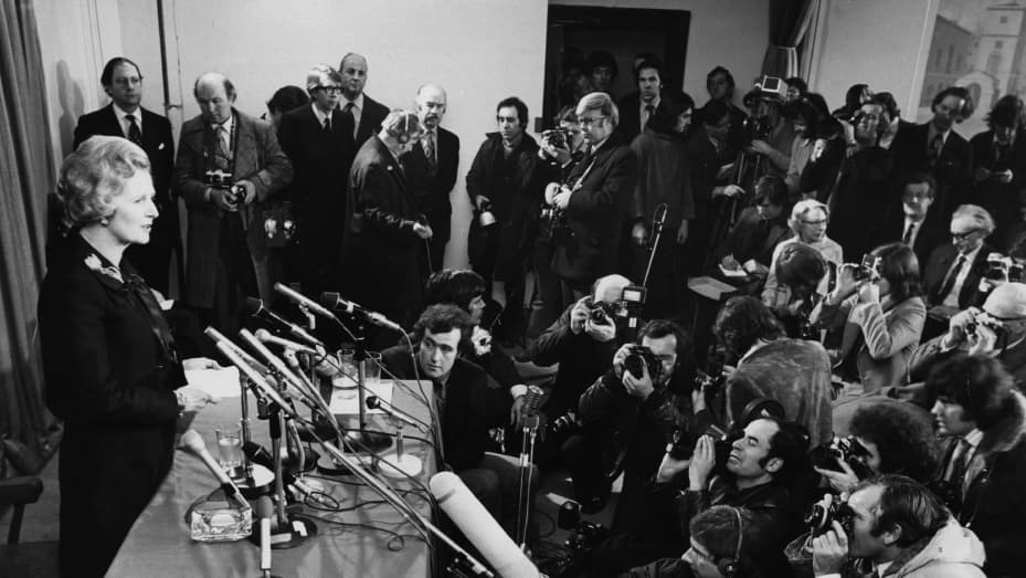 Margaret Thatcher speaks to the press for the first time after being elected Conservative Party Leader.