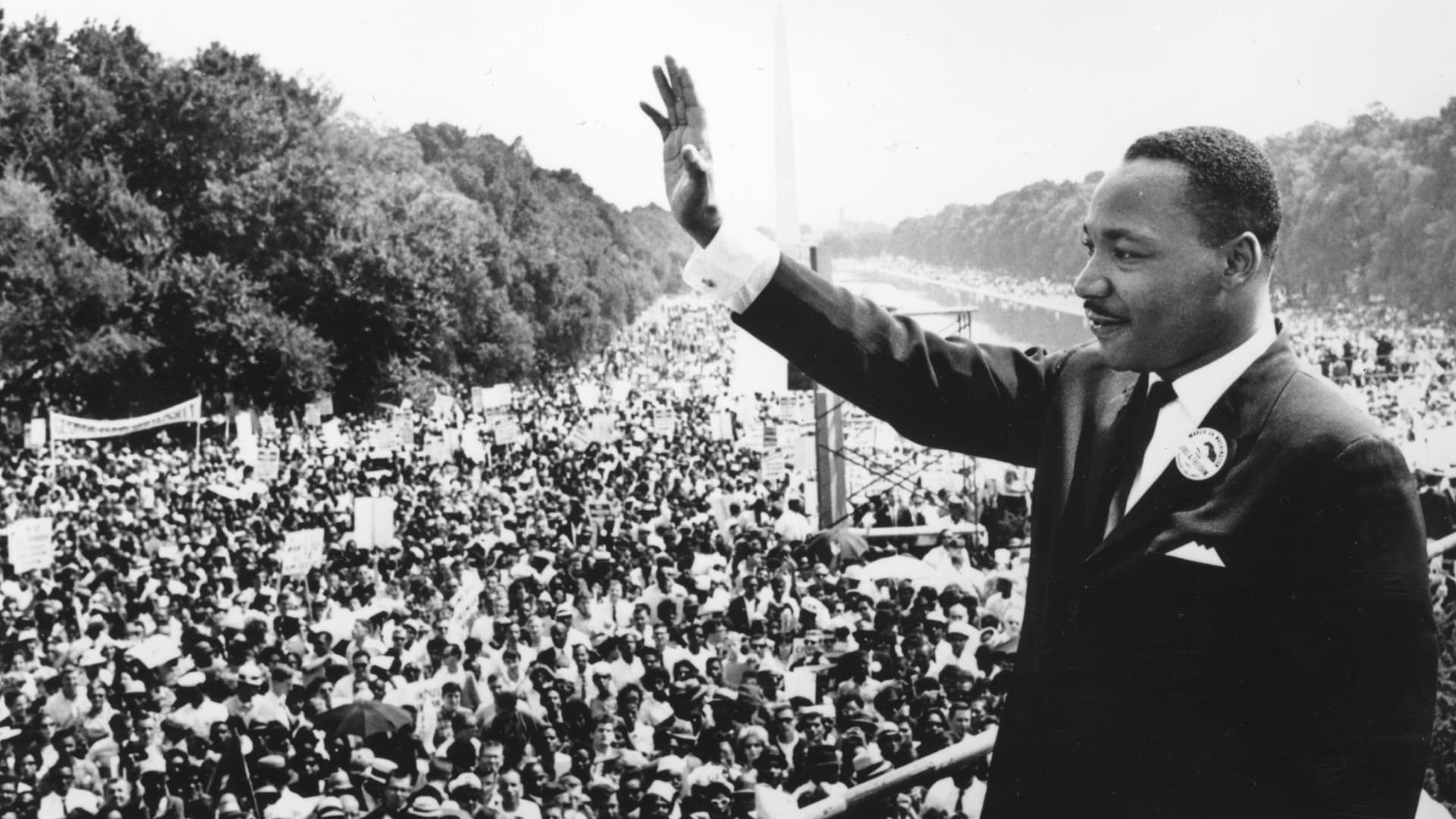 Martin Luther King addresses crowds during the March On Washington at the Lincoln Memorial, Washington DC, where he gave his 'I Have A Dream' speech in 1963.