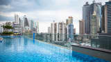 A poolside view overlooking the newer side of the Panama City skyline.
