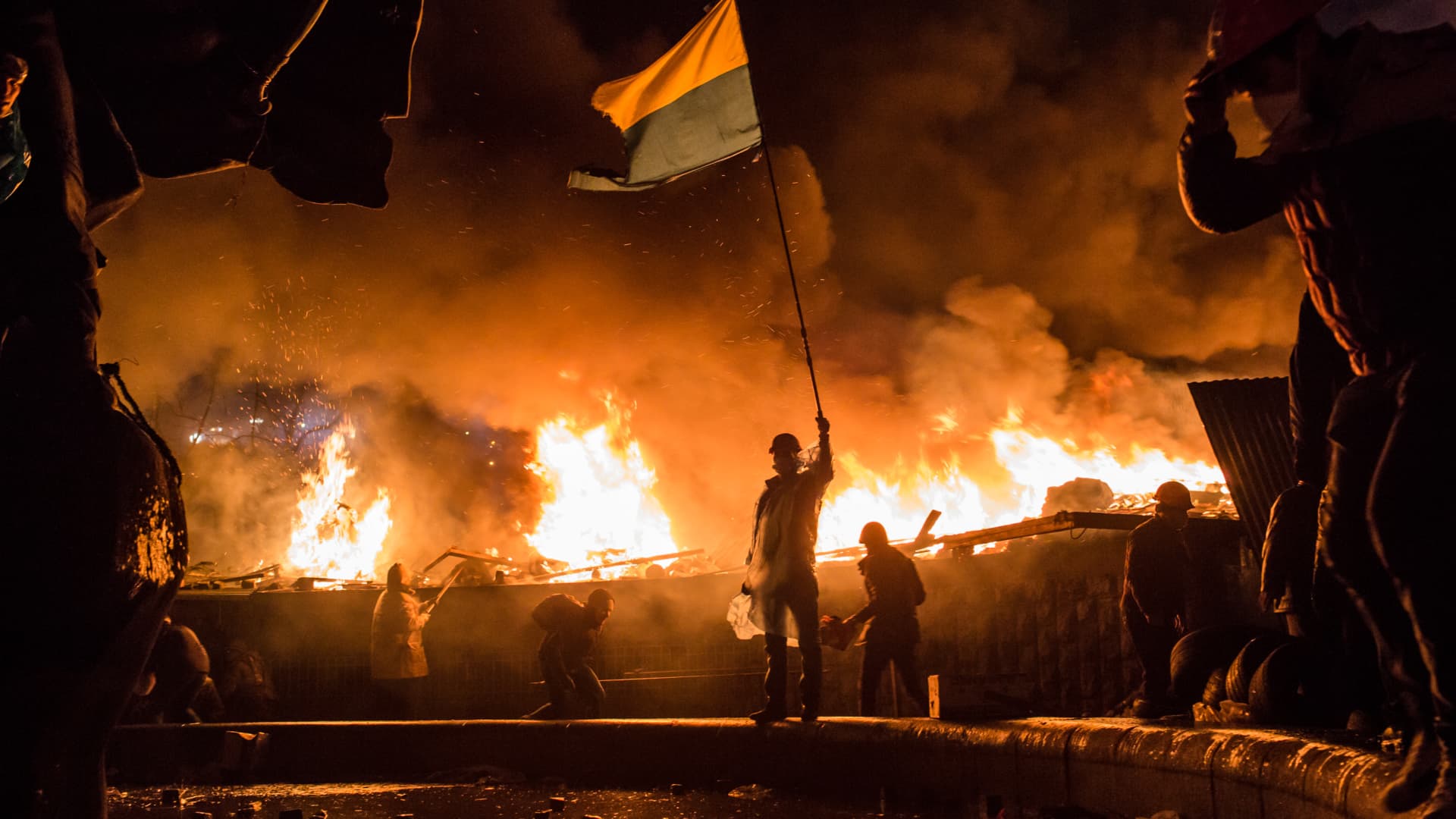 Anti-government protesters guard the perimeter of Independence Square, known as Maidan, on Feb. 19, 2014, in Kyiv, Ukraine.