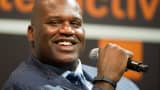 Shaquille O'Neal reacts during a session at the South By Southwest (SXSW) Interactive Festival in Austin, Texas.