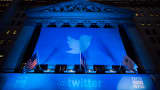 The Twitter banner hangs at the NYSE.