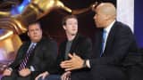 New Jersey Gov. Chris Christie, Facebook CEO Mark Zuckerberg and Newark Mayor Cory Booker visit EDUCATION NATION, an educational summit on Rockefeller Plaza.