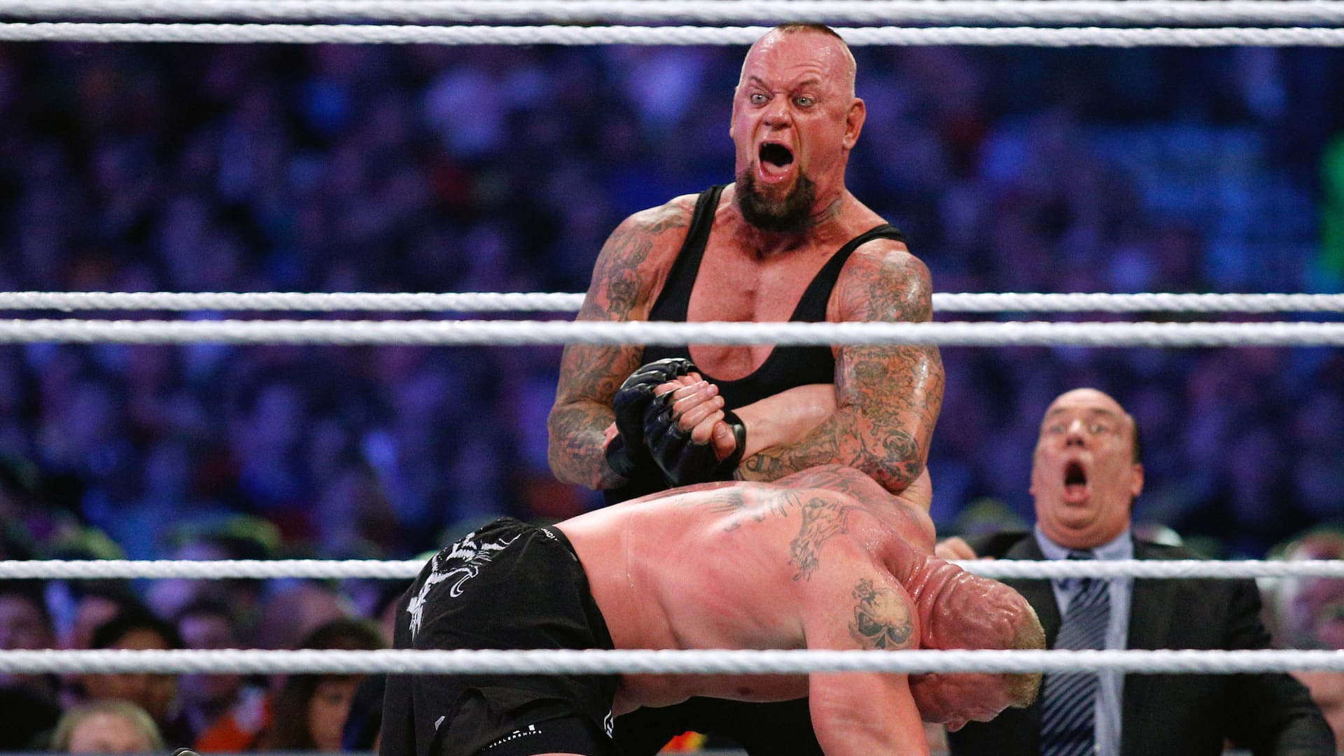 The Undertaker, top, and Brock Lesnar wrestle during Wrestlemania XXX at the Mercedes-Benz Super Dome in New Orleans on Sunday, April 6, 2014.