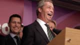 Nigel Farage, leader of UKIP, speaks during a press conference in London after his party's first win in a national election.