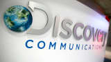 The Discovery Communications logo is shown on the exhibit floor during the National Cable and Telecommunications Association (NCTA) Cable Show in Washington.