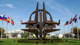 The NATO emblem sculpture at the organization's headquarters in Brussels.