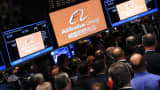Alibaba Group signage at the New York Stock Exchange during IPO, September 19, 2014.