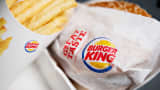 A Burger King Whopper and French fries are shown in Tiskilwa, Ill.