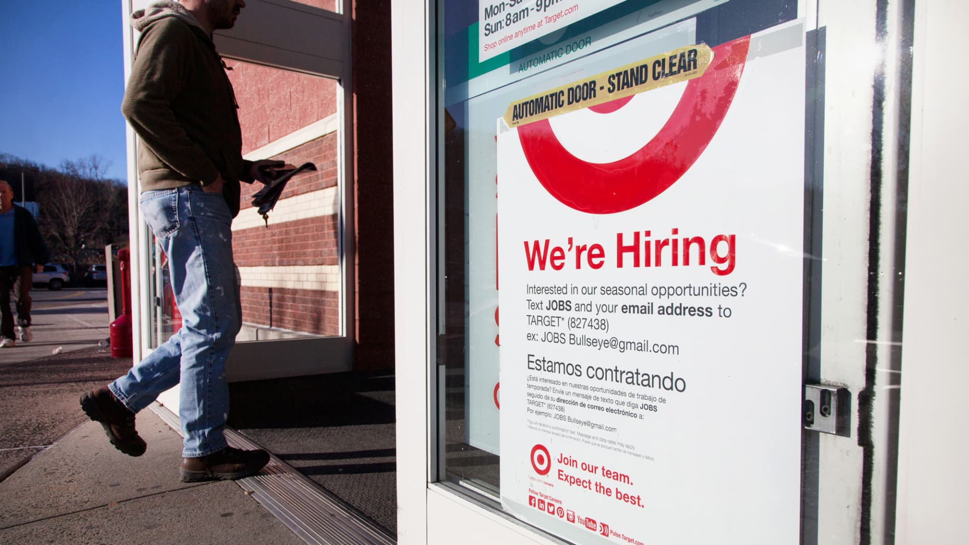 A sign advertising for temporary workers at a Target store in Mount Kisco, New York.