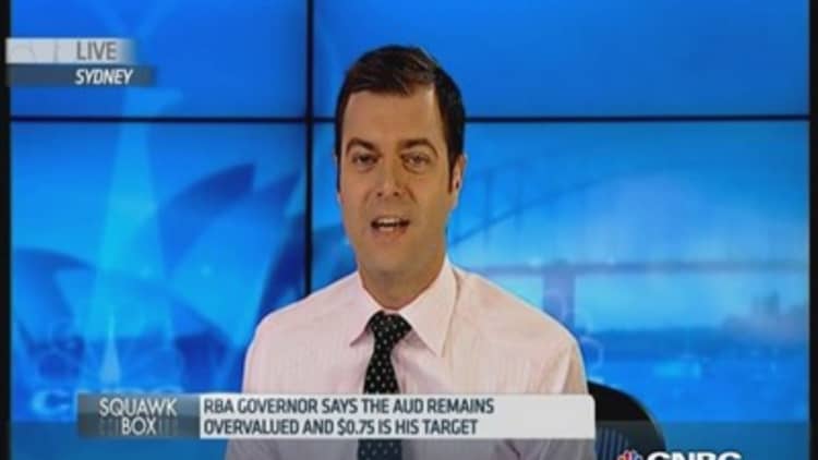 Aussie dollar sinks on RBA Stevens' comments