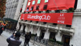 LendingClub banners hang on the facade of the New York Stock Exchange.