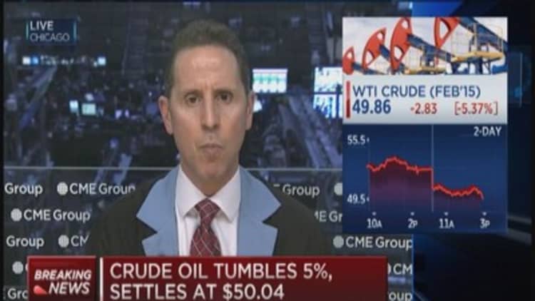Crude settles at $50.04