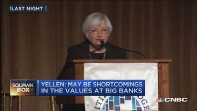 Yellen lashes out at banks, Wall Street values