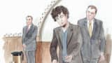 Sketch of Dzhokhar Tsarnaev entering the courtroom, April 8, 2015