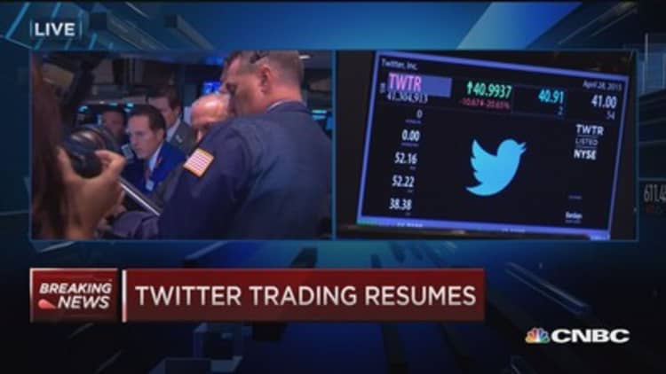 Twitter resumes trading down 20%