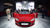 A Tesla Model S P85d car is displayed at the Shanghai International Automobile Industry Exhibition on April 20, 2015.
