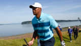 Tiger Woods walks to the fairway on the 17th hole during practice rounds on Monday at Chambers Bay.