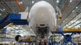 A 787 airplane during the manufacturing process at the Boeing facility in Everett, Washington.