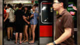 Commuters stand inside a train at the Tanjong Pagar MRT station during rush hour in Singapore.