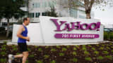 The Yahoo logo outside the Yahoo Sunnyvale campus in Sunnyvale, California.