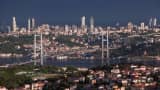 Traffic is seen crossing the Bosphorus Bridge, seen from the eastern, or Asian side of Istanbul, Turkey.