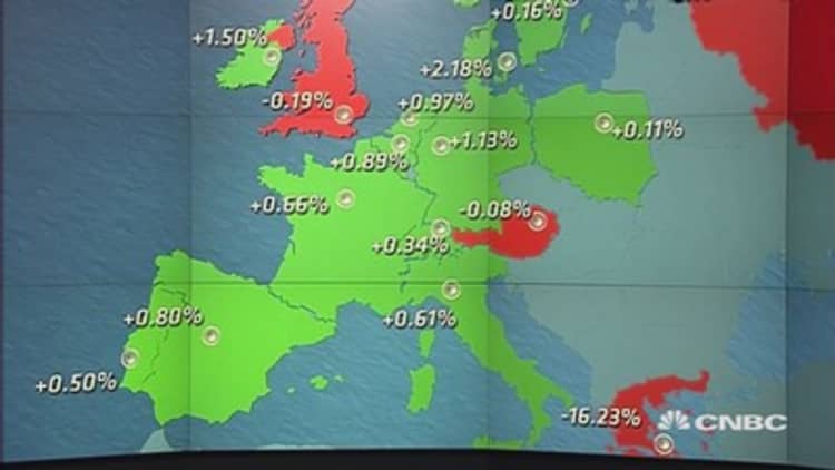 Europe ends higher, Greek stocks sink over 16 percent