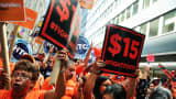 A rally for a $15 minimum hourly wage in New York City in 2015. The city raised its minimum wage to $15 in 2018, while New York State raised its minimum wage to $11.80 in December 2019, and that will increase statewide at the end of 2020 to $12.50.