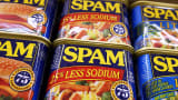 Cans of Spam, by Hormel, are displayed on a shelf at Cal Mart grocery store in San Francisco.