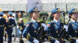 Female soldiers of the Chinese People's Liberation Army attend a training session for the September 3 military parade.