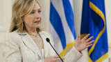 Then Secretary of State Hillary Clinton speaks at a press conference with Greek Foreign Minister Stavros Lambrinidis on July 17, 2011 at the Foreign Ministry in Athens.