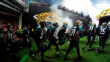 The Jacksonville Jaguars take the field prior to kickoff against the Dallas Cowboys at Wembley Stadium on Nov. 9, 2014, in London.