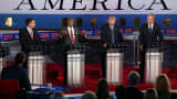 Republican presidential candidates U.S. Sen. Ted Cruz , Ben Carson, Donald Trump and Jeb Bush participate in the presidential debates at the Reagan Library on September 16, 2015 in Simi Valley, California.