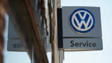 A sign marks the location of a Volkswagen dealership in Evanston, Ill.