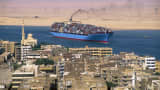 Container ship in Suez Canal, Egypt.