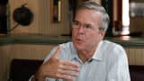 Jeb Bush talks to John Harwood at the Parlor City Pub and Eatery in Cedar Rapids, IA.
