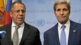 Secretary of State John Kerry (right) and Russia Foreign Minister Sergey Lavrov speak to the media after a meeting concerning Syria at the United Nations headquarters in New York on Sept. 30, 2015.