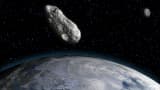 Rendering of an asteroid over Earth.