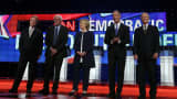 Democratic presidential candidates Jim Webb, Sen. Bernie Sanders (I-VT), Hillary Clinton, Martin O'Malley and Lincoln Chafee take the stage for a presidential debate sponsored by CNN and Facebook at Wynn Las Vegas on October 13, 2015 in Las Vegas, Nevada.