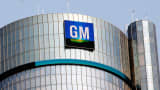 The General Motors logo on the world headquarters building in Detroit.