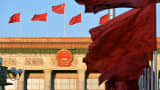 Flags fly at Tian'anmen Square on October 1, 2015 in Beijing.