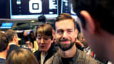 Jack Dorsey, chief executive officer of Square on the floor of the New York Stock Exchange at the company's IPO, November 19, 2015.