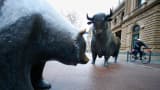 Bull and bear statues outside Frankfurt's stock exchange in Frankfurt, Germany.