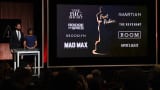 A screen showing the Oscar nominees for Best Picture as announced by actor John Krasinski and Academy President Cheryl Boone Isaacs during the Academy Awards Nominations Announcement at the Samuel Goldwyn Theater in Beverly Hills, California on January 14, 2016.
