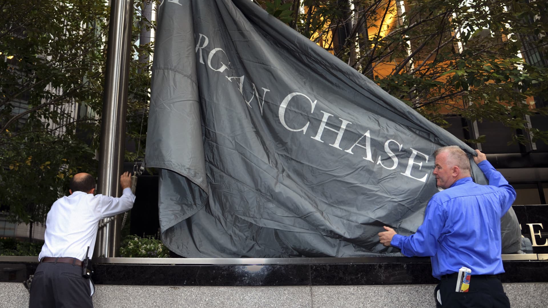 The JPMorgan Chase flag outside company headquarters in New York.