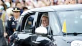 Pope Francis seated in a Fiat that chauffeured him through D.C., New York and Philadelphia.