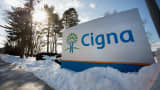 Cigna signage displayed at the company's headquarters in Bloomfield, Connecticut.