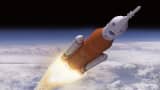 An artists rendering of Boeing's most powerful rocket, the Space Launch System or SLS.