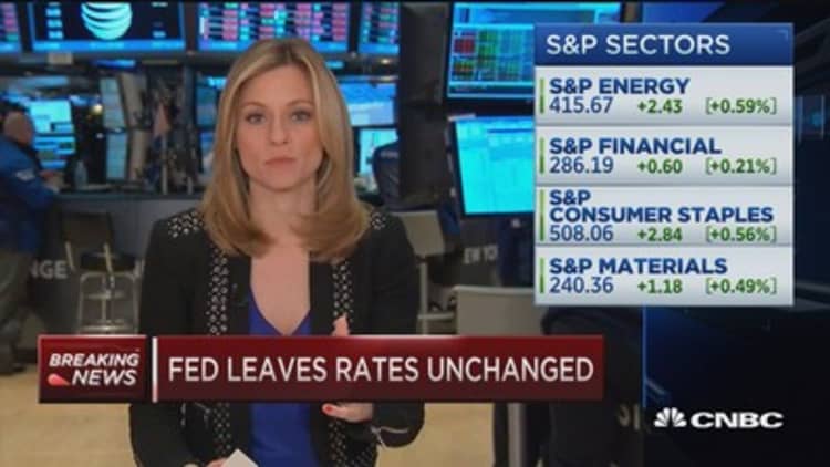 Stocks dip after Fed leaves rates unchanged
