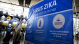 A banner is seen during an information campaign on the Zika virus by the Chilean Health Ministry at the departures area of Santiago's international airport, Chile, January 28, 2016.